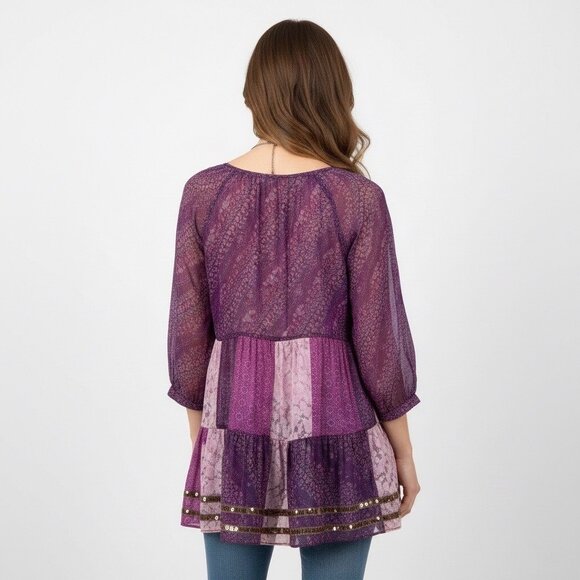 VTG Free People Purple Patchwork Chiffon Top | Boho Grunge Fairy Whimsigoth Y2K - Picture 7 of 16